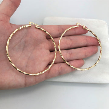 18K Gold Layered Oro Laminado 50 mm Double Texturized Twisted Hoops Wholesale 21.0241